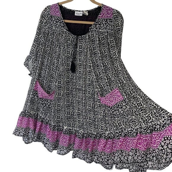 Sante' Classics Vintage Tunic Mini Dress One Size Black Nouveau Boho Tassel Tie - Picture 11 of 12